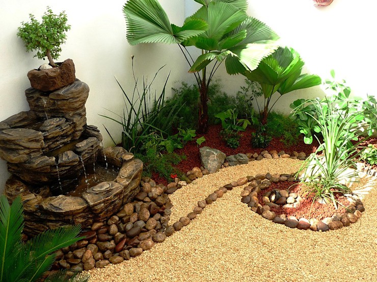 Fountain, bonsai, stones and Zen Ambient lamp