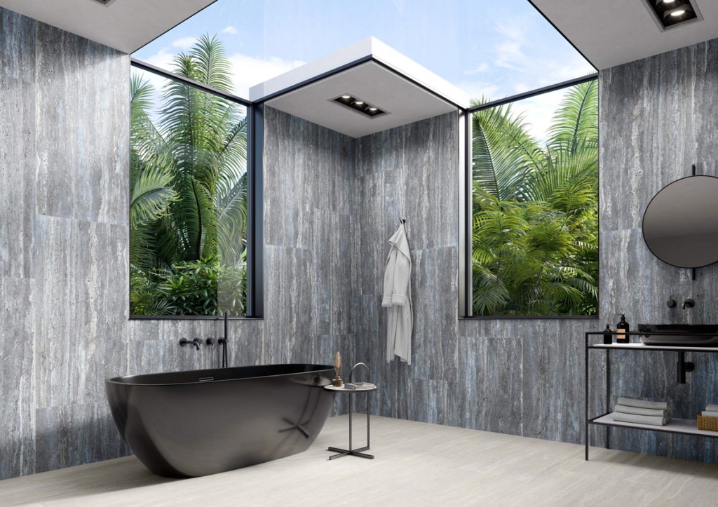 travertine effect porcelain stoneware in the bathroom