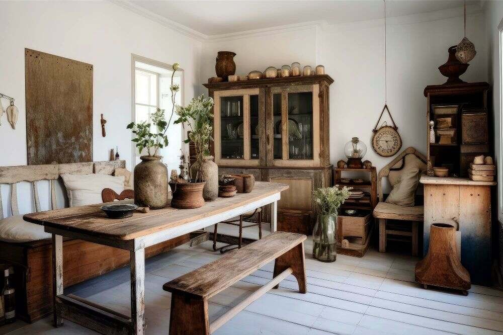 The image shows a wide variety of wooden furniture and decorative accessories, which preserve the natural tone of the material.