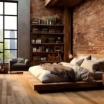 The image of a room with a rustic design, in which all the furniture is made of wood, maintaining its natural tone, complemented in turn by the brick walls of the place.