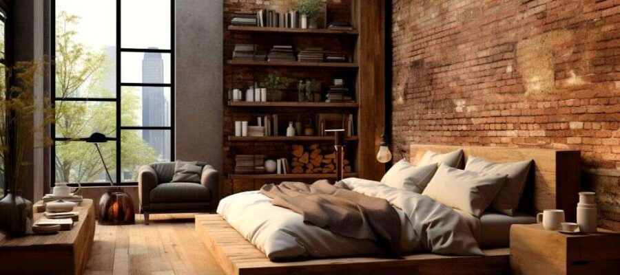 The image of a room with a rustic design, in which all the furniture is made of wood, maintaining its natural tone, complemented in turn by the brick walls of the place.