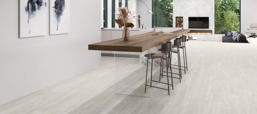 Beige travertine flooring in the kitchen